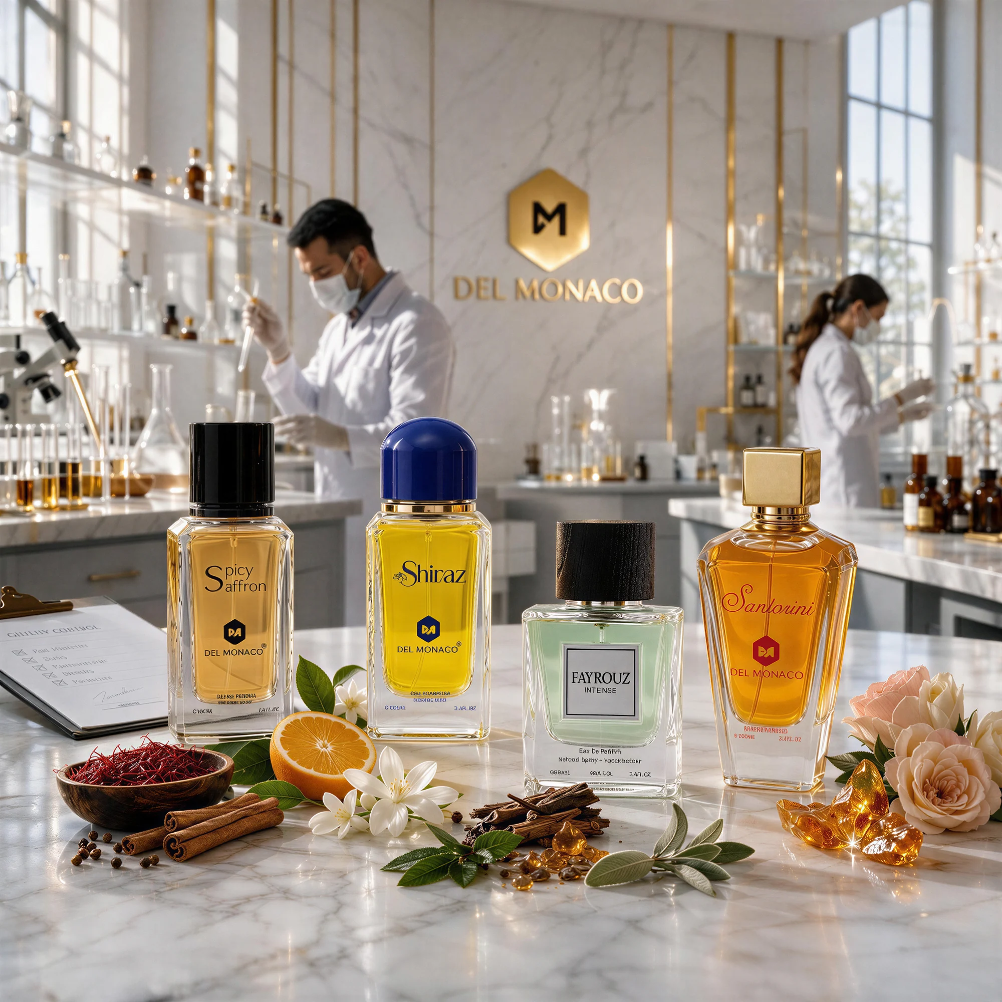 Perfume atelier still life with artisanal craftsmanship mood