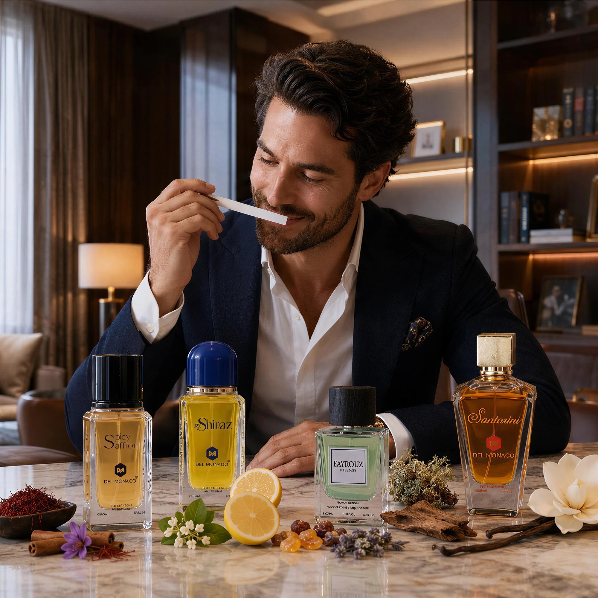 Luxury perfume display with golden accents and polished retail styling